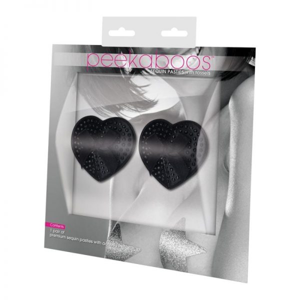 Black Satin Heart Pasties w Black Stone and Bow - Image 2