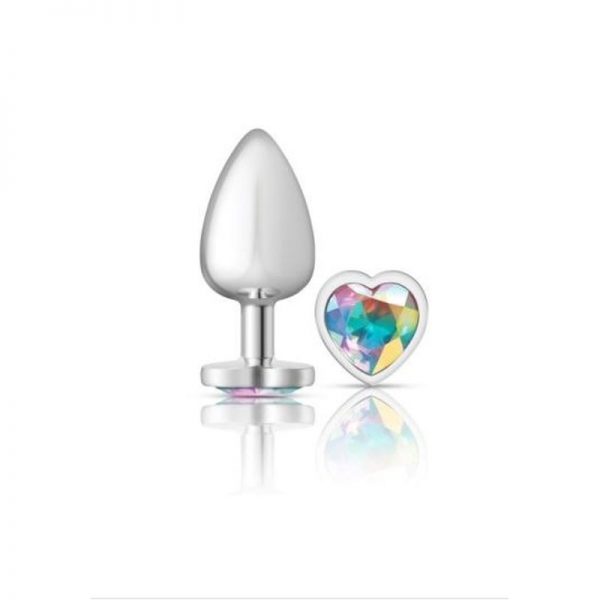 Cheeky Charms Silver Metal  Butt Plug w Heart Clear Jewel Large - Image 2