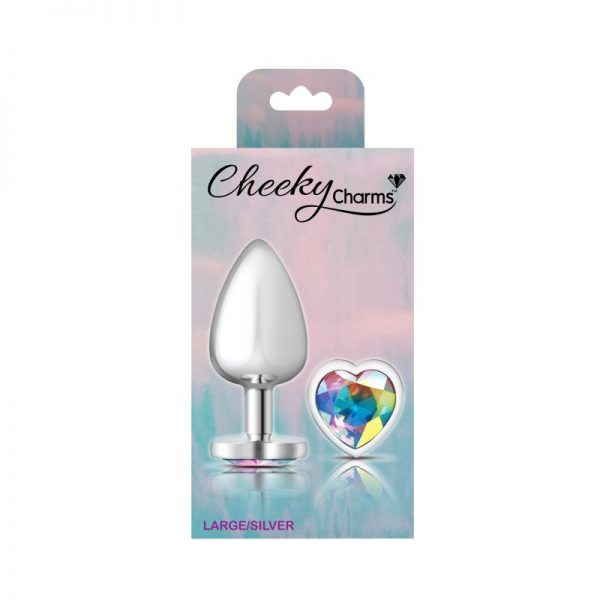 Cheeky Charms Silver Metal  Butt Plug w Heart Clear Jewel Large - Image 3