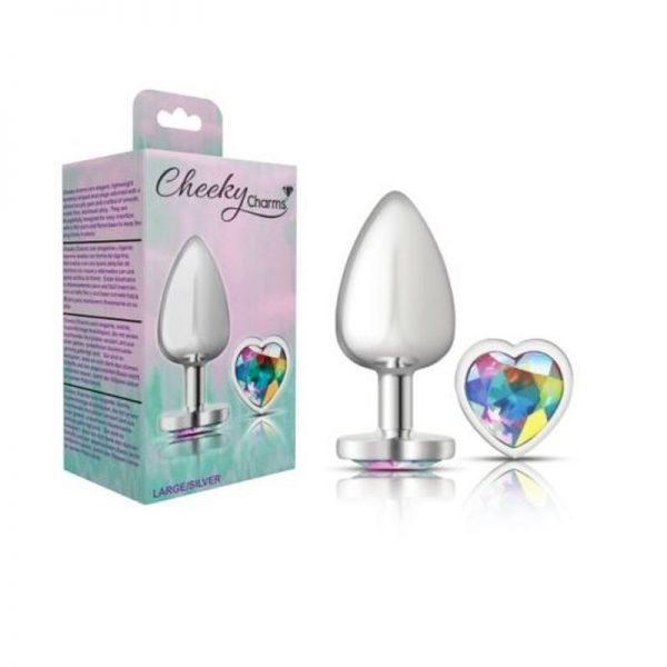 Cheeky Charms Silver Metal  Butt Plug w Heart Clear Jewel Large - Image 4