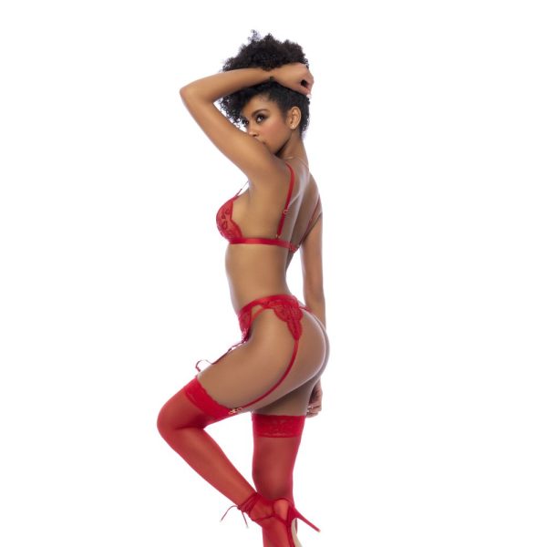 Red 3 Pc Set w/ Bralette, Garter Belt and Thong - Image 2